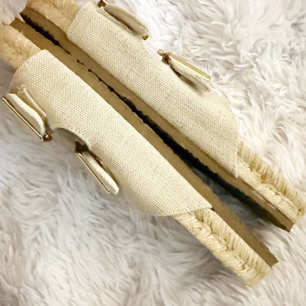 HAUTE HIPPIE | Beige Cream Linen Jute Sandals Gold Buckles Slide On | Size 7.5 - Picture 6 of 7